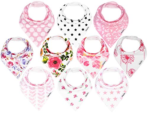 Product Cover KiddyStar Bandana Bibs for Girls, 10-Pack Drool Bib Set, Organic, Adjustable, Soft, Absorbent, Stylish and Chic Prints, Newborn and Baby Shower Gift for Drooling and Teething