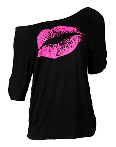 Product Cover Smile Fish Women Casual Oversized Sexy Lips Print Off Shoulder T-Shirt (XL, Black-Rose)