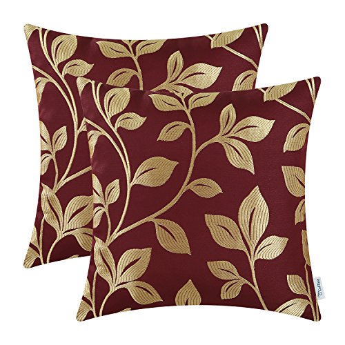 Product Cover CaliTime Pack of 2 Soft Throw Pillow Covers Cases for Couch Sofa Home Decoration Cute Growing Leaves 18 X 18 Inches Burgundy/Gold