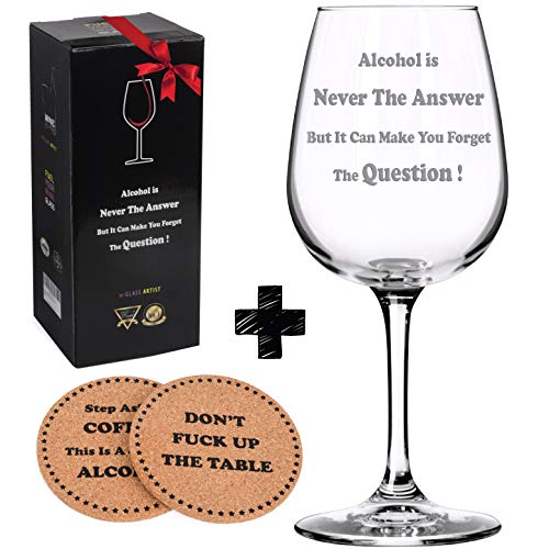 Product Cover Alcohol is Never The Answer Funny Wine Glass + Drink Coaster - Unique novelty Christmas Gift Idea for Women or Men - Perfect Bachelors parties and birthdays 15 oz Premium quality and dishwasher safe