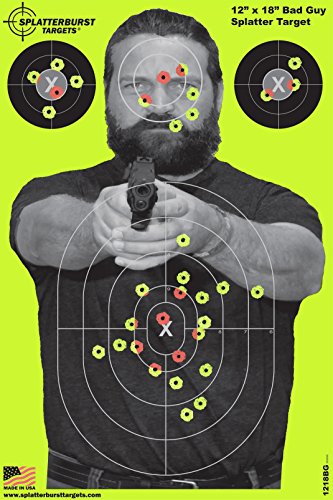 Product Cover Splatterburst Targets - 12 x18 inch - Bad Guy Reactive Shooting Target - Shots Burst Bright Fluorescent Yellow Upon Impact - Gun - Rifle - Pistol - Airsoft - BB Gun - Air Rifle (10 Pack)