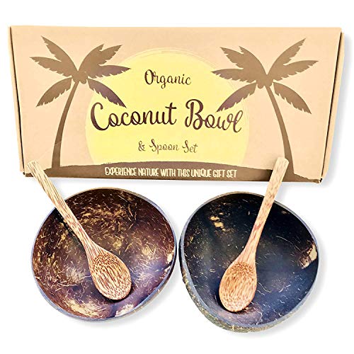 Product Cover Coconut Bowls and Coconut Spoons Gift Set (Set of 2 Coco Bowls + 2 Coco Spoons) - 100% Natural - Vegan - Organic - Hand Made - Eco Friendly - Made from Reclaimed Coconut Shells - Artisan Craft