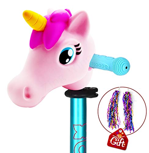 Product Cover Scooter Accessories Pink Unicorn Head Toy Gifts for Toddlers Kids Girls Decoration All of T-bar Micro Mini Kick Scooter & Bike & Jump Stick,Giveaway with a Pair of Streamers