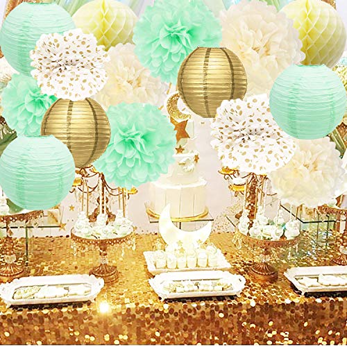 Product Cover Bridal Shower Decorations Mint Cream Gold Birthday Decoration Tissue Paper Pom Pom Gold Mint Paper Lantern Cream Honeycomb Balls for Mint Gold First Birthday/Baby Shower Decorations