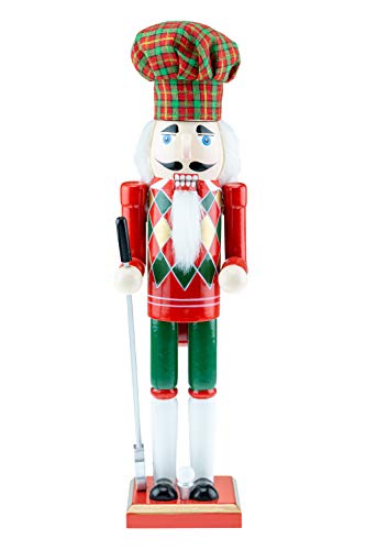 Product Cover Clever Creations Golfer Nutcracker Christmas Plaid Hat and Festive Red and Green Argyle Design on Front | Holding Club | Perfect for Shelves and Tables | Collectible Wooden Nutcracker | 15