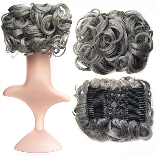 Product Cover SWACC Short Messy Curly Dish Hair Bun Extension Easy Stretch hair Combs Clip in Ponytail Extension Scrunchie Chignon Tray Ponytail Hairpieces (Grey)