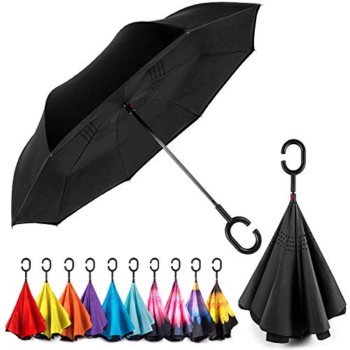 Product Cover EEZ-Y Reverse Inverted Windproof Umbrella - Upside Down Umbrellas with C-Shaped Handle for Women and Men - Double Layer Inside Out Folding Umbrella