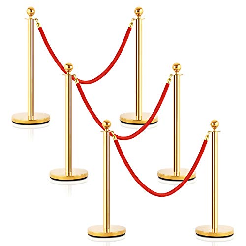 Product Cover Goplus 6Pcs Stainless Steel Stanchion Posts Queue Pole Retractable 4 Ropes Crowd Control Barrier with 5Ft Red Velvet Rope, Gold
