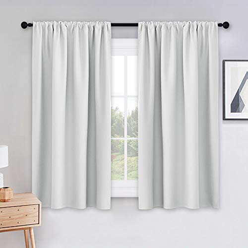 Product Cover PONY DANCE White Draperies & Curtains - Room Darkening Rod Pocket Top Thermal Insulated Noise Reducing Short Curtain Panels for Kitchen Bedroom, 42 Wide x 45 Long, Greyish White, 2 PCs