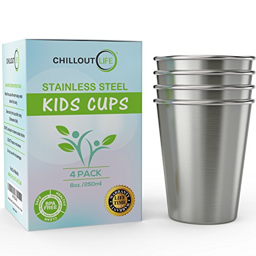 Product Cover Stainless Steel Cups for Kids and Toddlers 8 oz - Stainless Steel Sippy Cups for Home & Outdoor Activities, BPA Free Healthy Unbreakable Premium Metal Drinking Glasses (4-Pack)