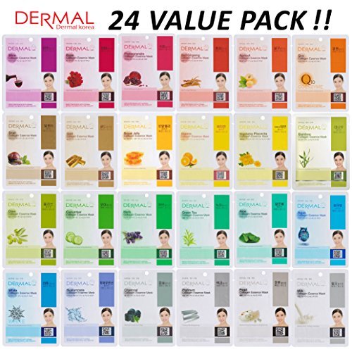 Product Cover DERMAL 24 Combo Pack Collagen Essence Full Face Facial Mask Sheet - The Ultimate Supreme Collection for Every Skin Condition Day to Day Skin Concerns. Nature made Freshly packed Korean Face Mask