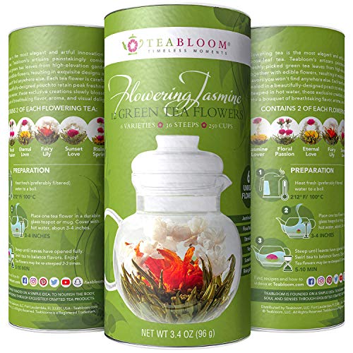 Product Cover Teabloom Jasmine Flowering Tea - Hand Tied Green Tea Leaves + Jasmine Blossoms Flowering Tea Creations - Blooming Tea Gift Set - 12-Pack, 36 Steeps, Makes 250 Cups