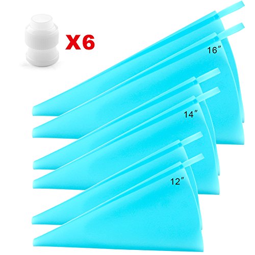 Product Cover Silicone Pastry Bags, Weetiee 3 Sizes Reusable Icing Piping Bags Baking Cookie Cake Decorating Bags (12''+14''+16'')- 6 Pack - Bonus 6 Icing Couplers Fit to Wilton Standard Size Tips