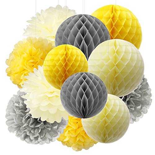 Product Cover Furuix Tissue Paper Pom Pom Yellow Grey Cream Tissue Paper Honeycomb Balls Paper Lanterns for Bridal Shower Birthday Decorations/Wedding Party Decor You are My Sunshine Baby Shower Decorations