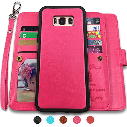 Product Cover CASEOWL Galaxy S8 Plus Cases,Magnetic Detachable Lanyard Wallet Case with [8 Card Slots+1 Photo Window][Kickstand] for Galaxy S8 Plus-6.2 inch, 2 in 1 Premium Leather Removable TPU Case(Hot Pink)