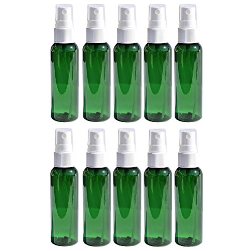 Product Cover Travel Spray Bottles 2oz. Green PET Plastic Sets with White Fine Misting Sprayers For Essential Oils, Aromatherapy, Perfumes, Bug Repellant, Liquids (10)