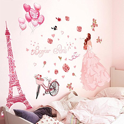 Product Cover Iuhan Bonjour Paris Wall Sticker Lovely Sweet Girl with Rose Mural Decor Bedroom Home Sticker Wall