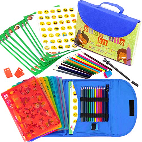 Product Cover Stencil Drawing Kit for Kids w/Carry Case - 55 pcs. w/ 280 Stencil Shapes and Colored Pencils - Arts and Crafts for Home Travel - Fun Creative STEM Toy for Girls and Boys Ages 3 to Teen - Blue