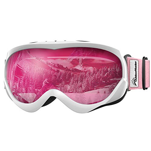 Product Cover OutdoorMaster Kids Ski Goggles - Helmet Compatible Snow Goggles for Boys & Girls with 100% UV Protection (White-Pink Frame + VLT 46% Pink Lens)