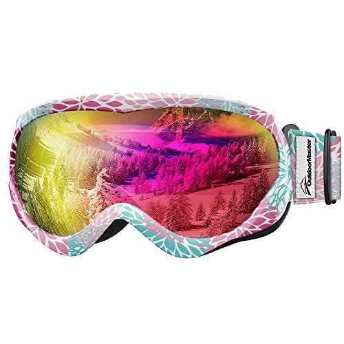 Product Cover OutdoorMaster Kids Ski Goggles - Helmet Compatible Snow Goggles for Boys & Girls with 100% UV Protection (Flower Pattern Frame + VLT 13% Grey Lens with Full REVO Pink)