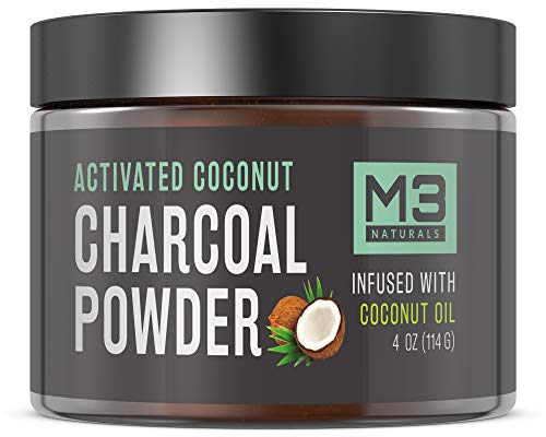 Product Cover M3 Naturals Activated Charcoal Teeth Whitening Powder Infused with Coconut Oil All Natural Safe Alternative to Toothpaste Strips Kits Gels 2X Competitors 4 OZ