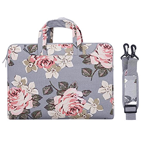Product Cover MOSISO Laptop Shoulder Bag Compatible with 13-13.3 inch MacBook Pro, MacBook Air, Notebook Computer, Ultraportable Protective Canvas Rose Pattern Carrying Briefcase Handbag Sleeve Case Cover, Gray