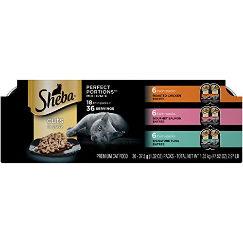 Product Cover Sheba Perfect Portions Cuts In Gravy Multipack Roasted Chicken, Gourmet Salmon, Signature Tuna Grain Free Cat Food 2.6 Ounces (18 Twin Packs)= 36 servings