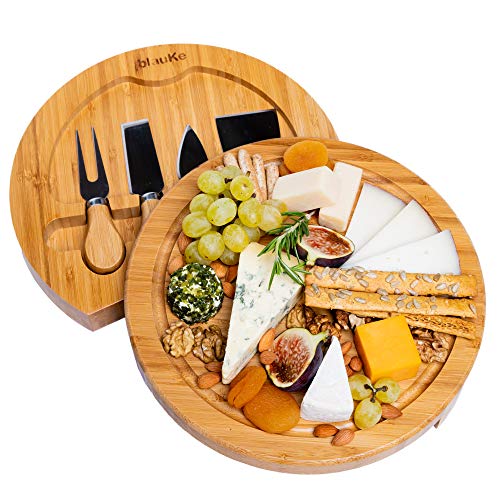 Product Cover Bamboo Cheese Board With Cutlery Set - Bamboo Cheese Board Set With Slide Out Drawer - Bamboo Cheese Board And Knife Set (4 Cheese Knives included) - BlauKe