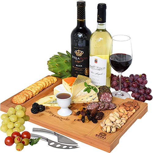 Product Cover Unique Bamboo Cheese Board, Charcuterie Platter & Serving Tray for Wine, Crackers, Brie and Meat. Large & Thick Wooden Server - Fancy House Warming Gift & Perfect Choice for Gourmets (Bamboo)