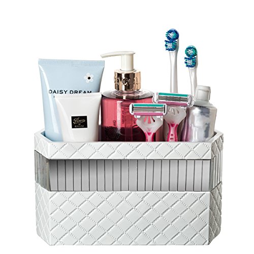 Product Cover Makeup Brush Holder, Quilted Mirror Bathroom Organizer Countertop, Decorative Bathroom Counter/Vanity Organizer, 3 Slot Cosmetic Brushes Caddy/Hair Accessories Storage, Gift Packaged (White)