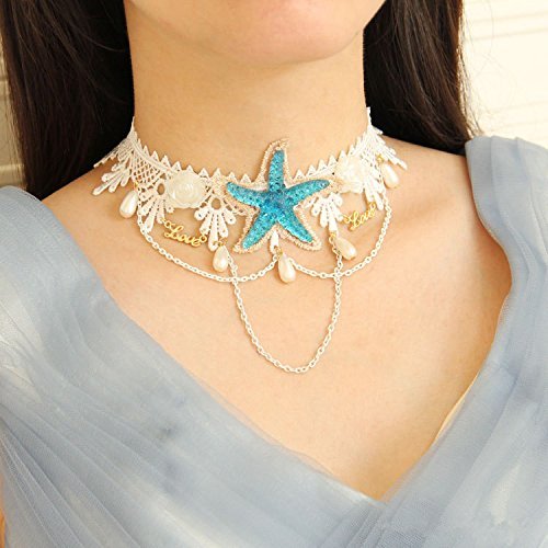 Product Cover Bodermincer Fashion Ocean Acrylic Starfish Real Shell Wave Headband Elastic Hairband Rose Flowers Forehead Bands Mermaid Hair Accessories Mermaid Hair Band Mermaid Headband (Starfish Necklace)