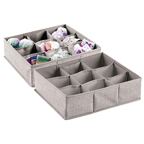 Product Cover mDesign Soft Fabric 9 Section Dresser Drawer and Closet Storage Organizer for Child/Kids Room, Nursery, Playroom - Divided Large Organizer Bin - Textured Print with Solid Trim, 2 Pack - Linen/Tan