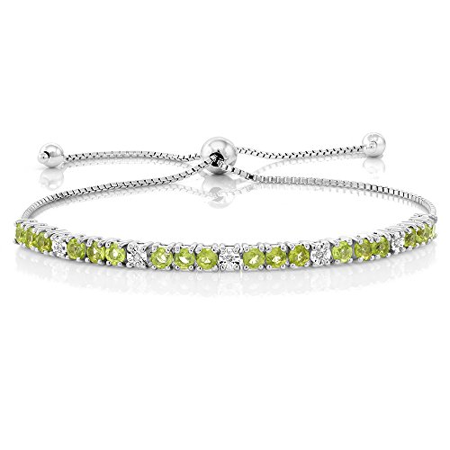 Product Cover Gem Stone King 925 Sterling Silver Green Peridot and White Diamond Adjustable Tennis Bracelet, Jewelry for Women's 2.05 Cttw Fully Adjustable Up to 9 Inch