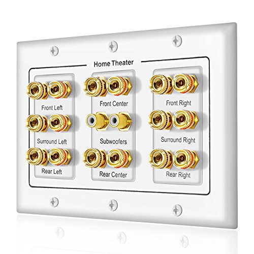 Product Cover 5 6 7.1/7.2 or 8.1/8.2 One or Two Subwoofer Compatible 16 Banana Post and 2 RCA Speaker Wall Plate for Home Theater Audio