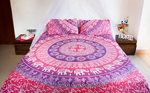 Product Cover Pink Elephant Mandala Bedding with Pillow Covers, Indian Bohemian Hippie Tapestry Wall Hanging, Picnic or Beach Blanket Throw, Hippy Mandala Ombre Bedspread for Bedroom, Queen Size Purple Boho Spread