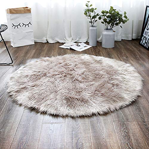 Product Cover LEEVAN Plush Sheepskin Style Throw Rug Faux Fur Elegant Chic Style Cozy Shaggy Round Rug Floor Mat Area Rugs Home Decorator Super Soft Carpets Kids Play Rug, Coffee 3 ft Diameter