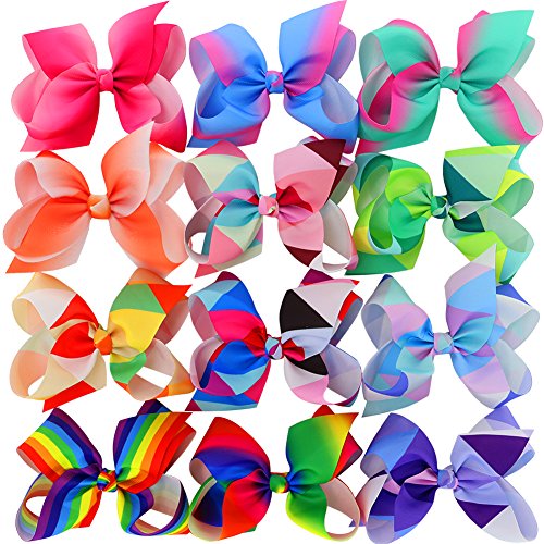 Product Cover Myamy 6 inches Hair Bows For Girls Large Big Grosgrain Ribbon Boutique Rainbows Hair Bow Clips For Kids Toddlers Teens Children Gifts Set Of 12