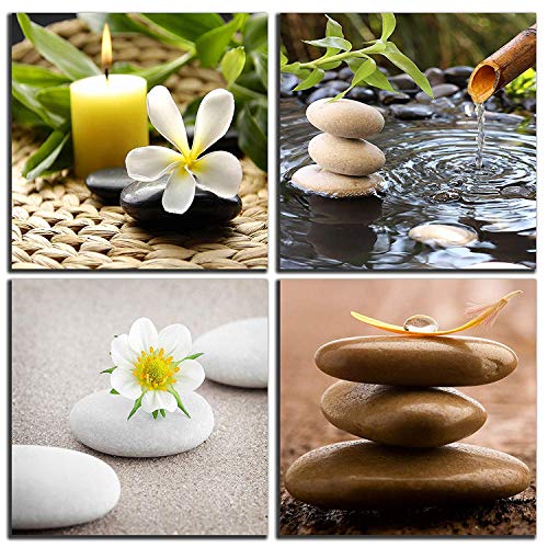 Product Cover NAN Wind Zen Canvas Wall Art Spa Still Life with Green Bamboo Fountain and Zen Stone Jasmine Flower Painting Pictures for Home Decoration Modern Painting Wall Decor Canvas