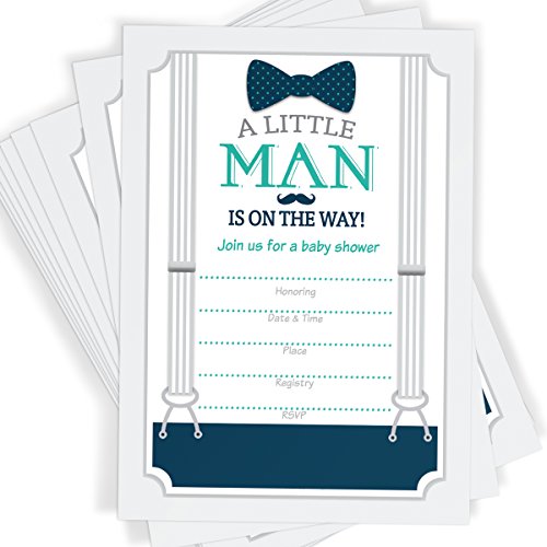 Product Cover Little Man Themed Baby Shower Invitations, Set of 25 Invitations with Envelopes, Bow Tie, Mustache, and Suspenders