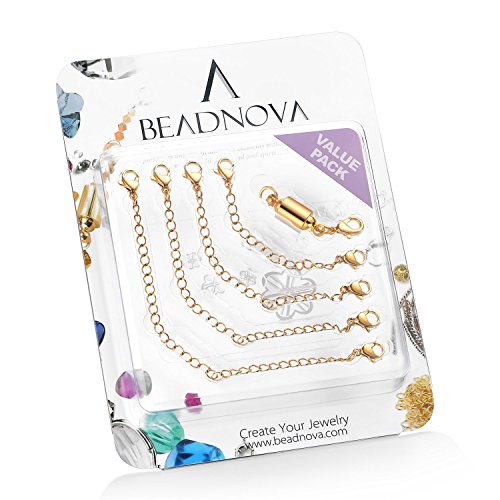 Product Cover BEADNOVA Stainless Steel Necklace Extender Bracelet Extender Chain Set 4pcs (3, 4, 5, 6 Inches) with 1pc Magic Magnetic Clever Clasp, Gold Plated Color