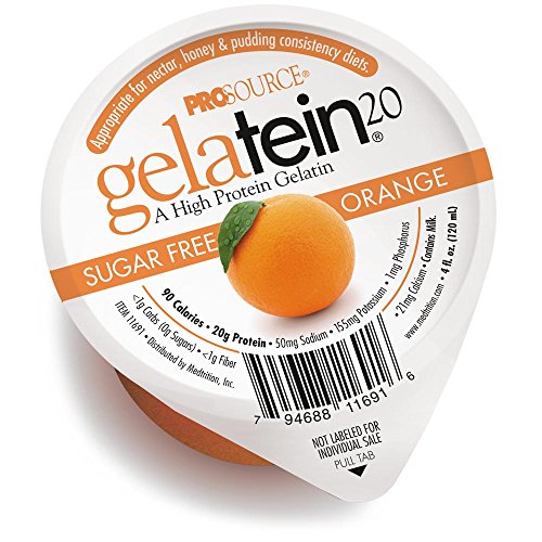 Product Cover Gelatein 20 Orange: 20 Grams of Protein. Sugar Free. Ideal for Clear Liquid Diets, swallowing Difficulties, bariatric, Dialysis and Oncology. Great pre or Post-Workout Snack. (14 Pack)