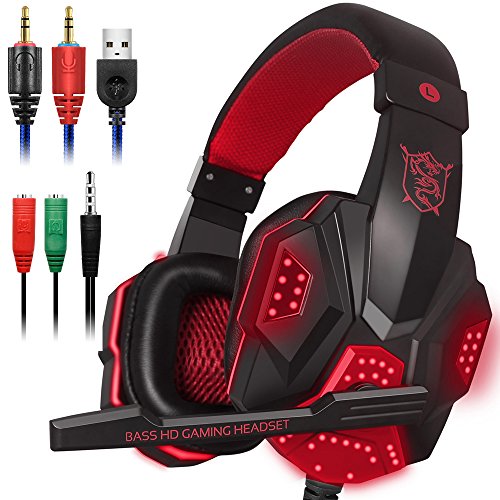 Product Cover Gaming Headset with Mic and LED Light for Laptop Computer, Cellphone, PS4 and Son on, DLAND 3.5mm Wired Noise Isolation Gaming Headphones - Volume Control.(Black and Red)