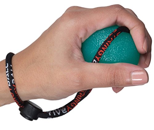 Product Cover Secure Stress Ball on a String - Perfect for Stress Relief, Hand Exercise, Strengthening, Rehabilitation - Medium Density All with Exercise Guide - No Falling or Rolling Away (Medium - Green)