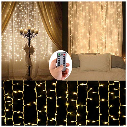 Product Cover Battery Operated Curtain String Lights,300 LED Icicle Window Background Fairy Lights [Remote,8 Mode,Timer,9.8 ft ×9.8 ft, Dimmable,] Decoration Lights for Outdoor Wedding,Camping,RV,BBQ Party
