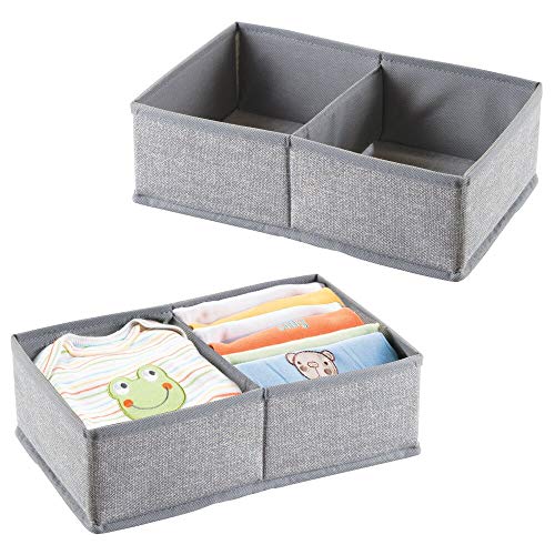 Product Cover mDesign Soft Fabric 2 Section Dresser Drawer and Closet Storage Organizer for Child/Kids Room, Nursery, Playroom - Divided Organizer Bin - Textured Print, 2 Pack - Gray