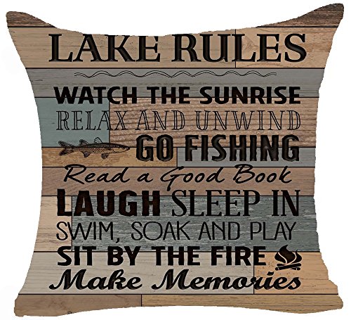 Product Cover Retro Wood Grain Background Lake Rules Watch The Sunrise Relax Go Fishing Make Memories Cotton Linen Square Decorative Home Indoor Throw Pillow Case Cushion Cover 18 