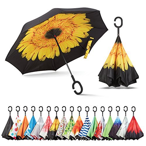 Product Cover Sharpty Inverted Umbrella, Umbrella Windproof, Reverse Umbrella, Umbrellas for Women with UV Protection, Upside Down Umbrella with C-Shaped Handle (Yellow Flower)