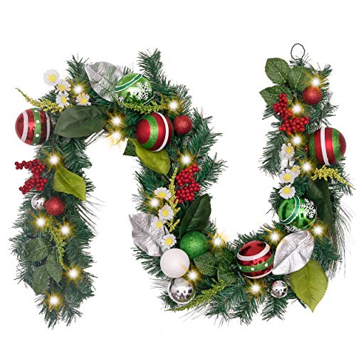 Product Cover Valery Madelyn Pre-Lit 6 Feet/72 Inch Red Green Silver and White Christmas Garland with Eucalypti Leaves, Ball Ornaments and Berries, Classic Collection Splendor Theme, Battery Operated 20 LED Lights