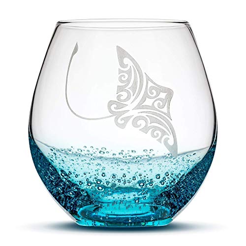 Product Cover Integrity Bottles Premium Stingray Stemless Wine Glass, Bubbly Turquoise, Handblown, Tribal Design, Hand Etched Gifts, Sand Carved