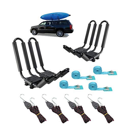 Product Cover 2 Pairs Heavy Duty Kayak Rack-Includes 4 Pcs Ratchet Tie-Mount on Car Roof Top Crossbar-Easy to Carry Kayak Canoe Boat Surf Ski (J-Bar Rack)